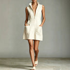 Linen Stand Collar Half Zip Sleeveless Pocket Mini Shift Dress