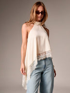 Satin Halter Asymmetrical Lace Hem Cami Top