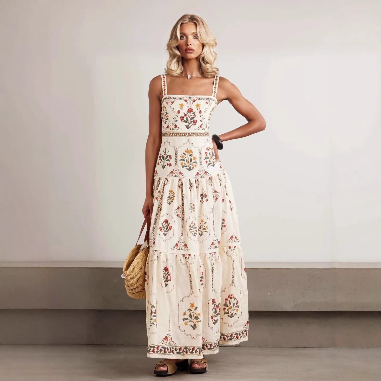 Vintage Floral Tiered Maxi Dress | Square Neck Cami Sundress