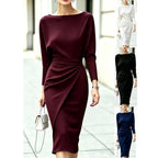 Boat-Neck Dolman Sleeve Midi Dress with Side Drape