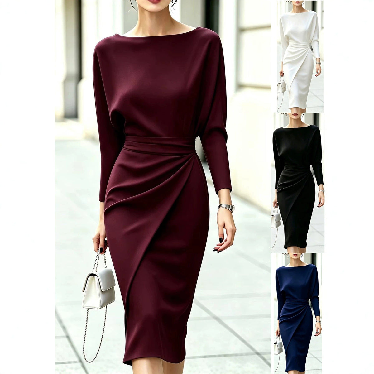 Boat-Neck Dolman Sleeve Midi Dress with Side Drape