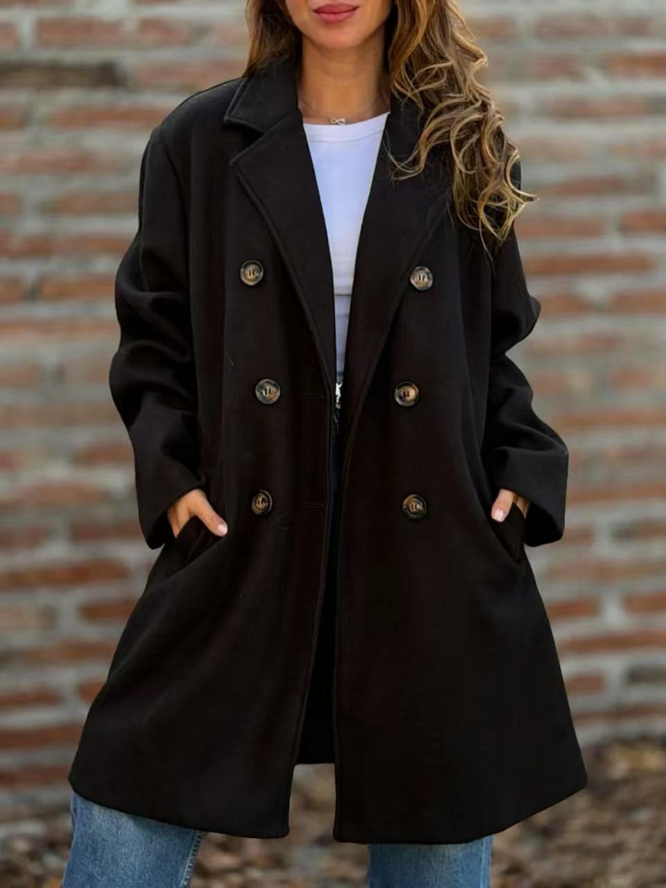 Street Style Autumn And Winter Lapel Double-Breasted Woolen Coat Jacket
