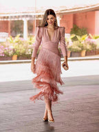 Women Deep V Puff Sleeve Wrap Fringe Midi Dress