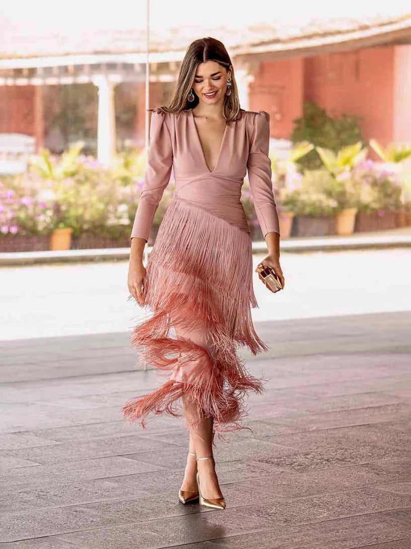 Women Deep V Puff Sleeve Wrap Fringe Midi Dress