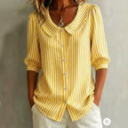 Women Striped Peter Pan Collar Puff Short Sleeve Blouse