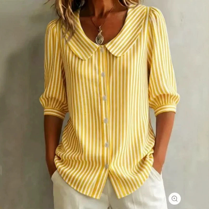 Women Striped Peter Pan Collar Puff Short Sleeve Blouse