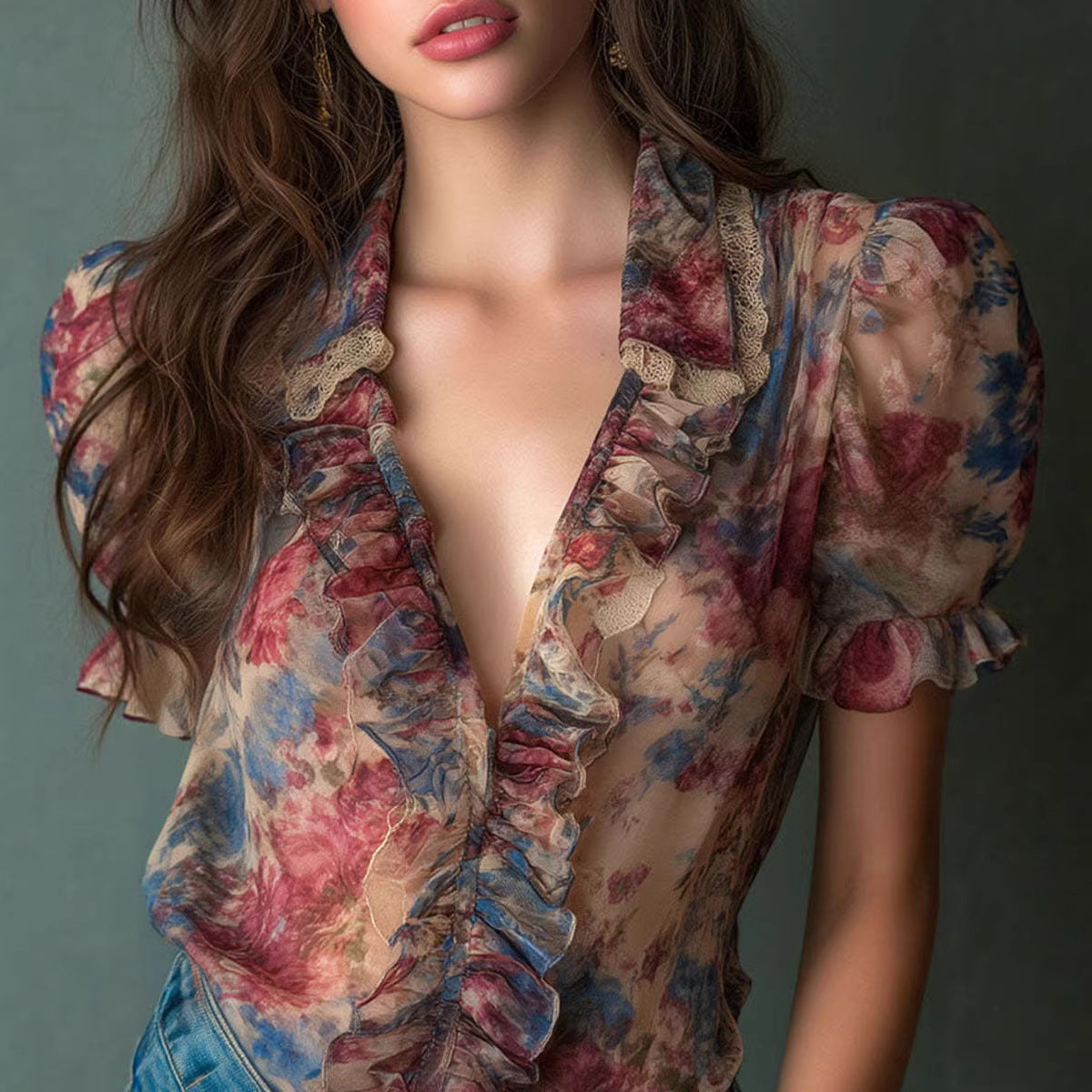 Vintage Watercolor Floral Sheer Ruffle Blouse