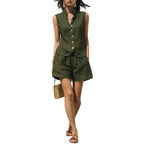 Linen Stand Collar Sleeveless Vest & Elastic Waist Shorts 2 Piece Co-Ord Set