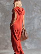 Retro Fashiona Sporty Hooded V-neck Front Zipper Raspberry Red Cotton Jumpsuit
