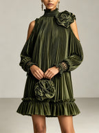 Elegant Olive Green Pleated Mini Dress with High Neck, Ruffle Hem & Rose Detail