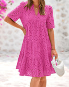 Women's V Neck Short Sleeve Hollow Out Lace Ruffle Summer Dresses