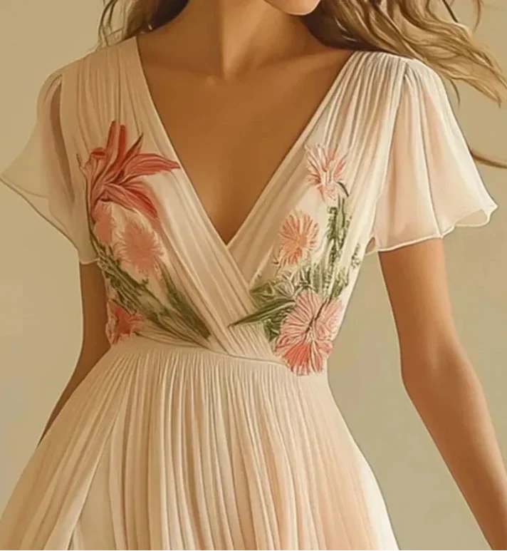 Pink Short Sleeve V-Neck Maxi Dress