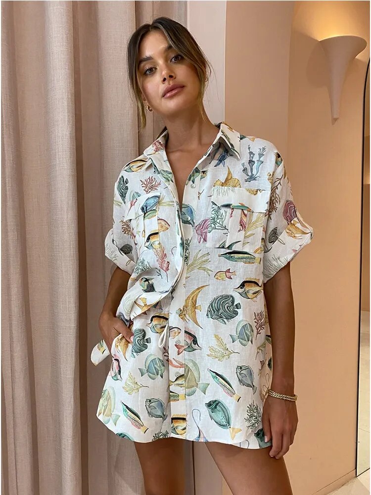 Printed Shirts Shorts Suit Female Holiday Casual Short Sleeve Loose Top Linen Women 2 Pieces Set Summer Fashion Outfits