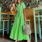 Fashionable Striped Print Short-Sleeved Loose Maxi Dress