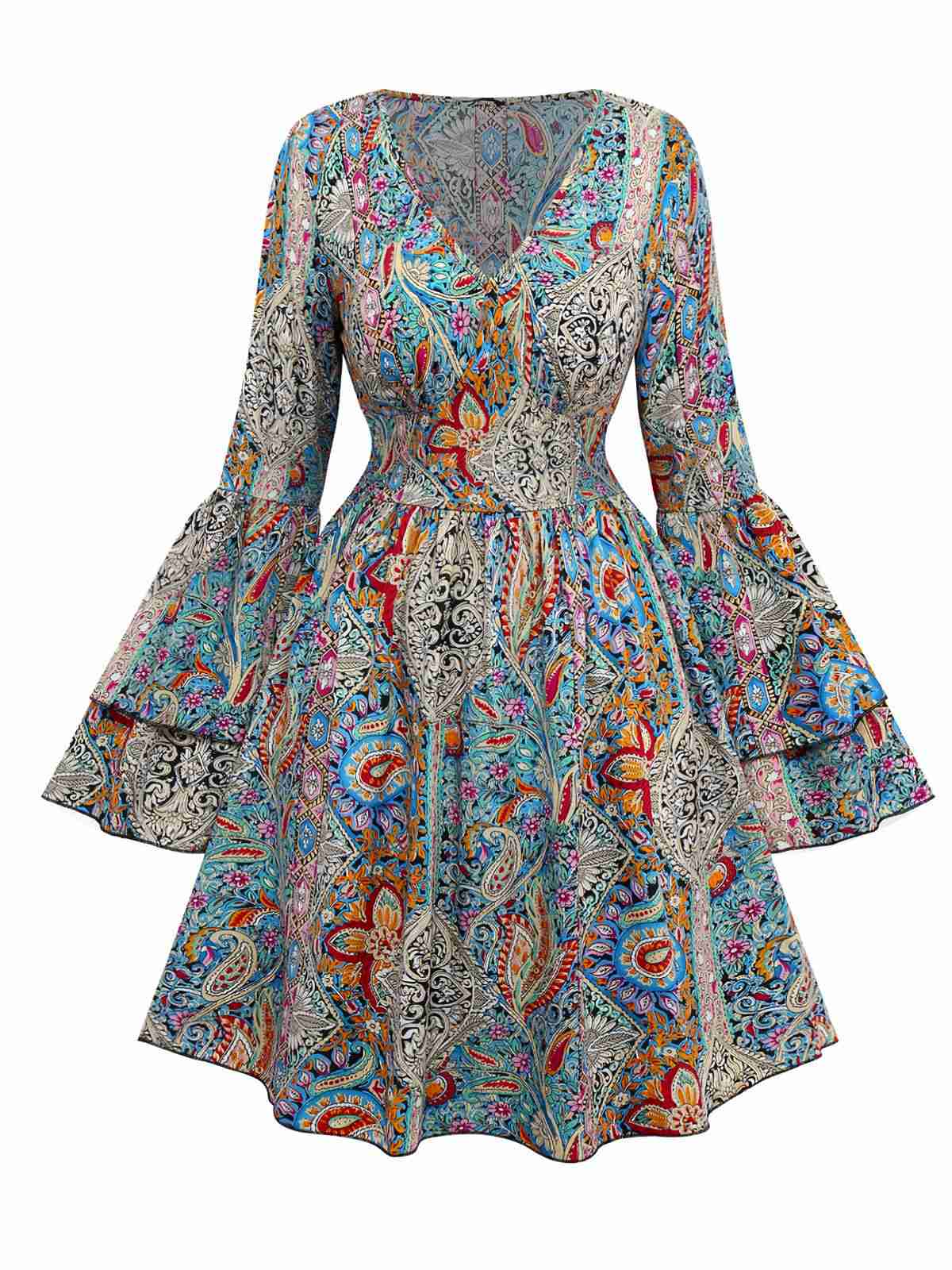 Bohemian Paisley Floral Bell Sleeve Dress