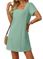 Women's Casual Square Neck Pocket Short Sleeve Dress with Pockets