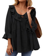 Women’s Scoop Neck 3/4 Length Sleeve Tie Front Ruffle Tiered Tunic Shirts