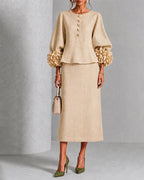 Elegant Floral Cuff Blouse and Skirt Matching Set