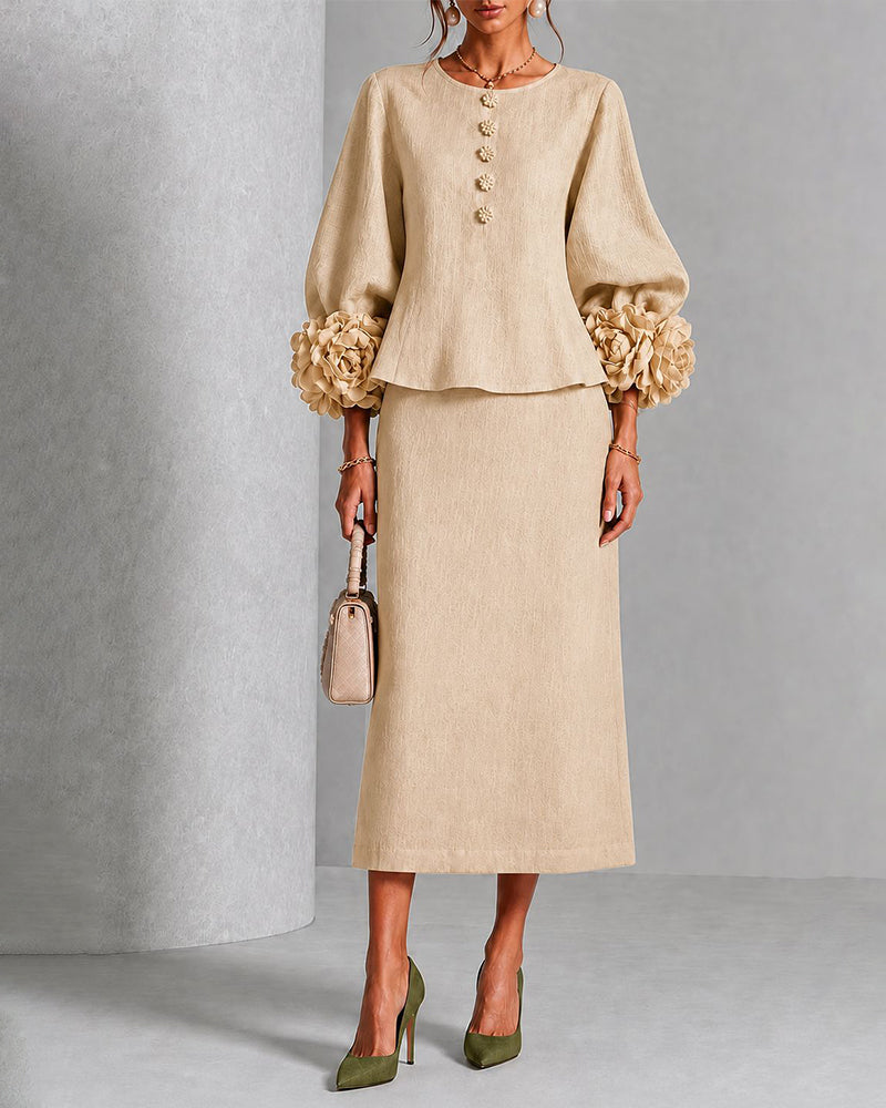 Elegant Floral Cuff Blouse and Skirt Matching Set