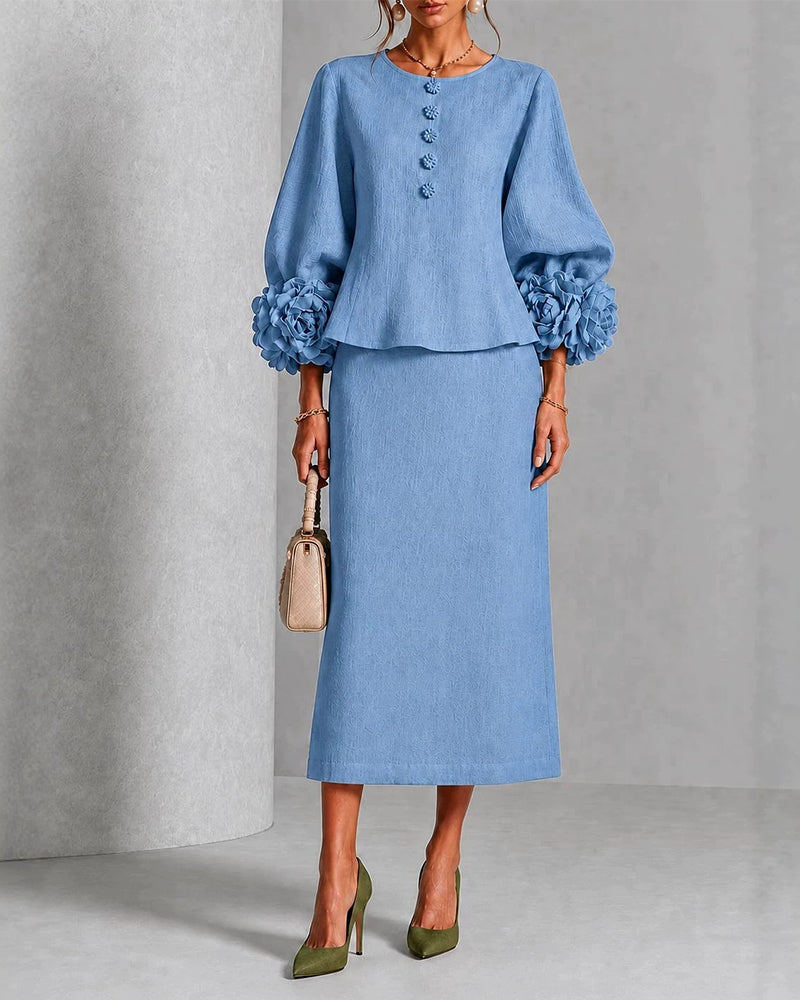 Elegant Floral Cuff Blouse and Skirt Matching Set