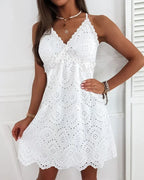 Womens Mini Sleeveless V Neck White Evening Party Hollow-Out Backless Lace Y2k Dress