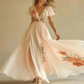 Pink Short Sleeve V-Neck Maxi Dress