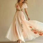Pink Short Sleeve V-Neck Maxi Dress