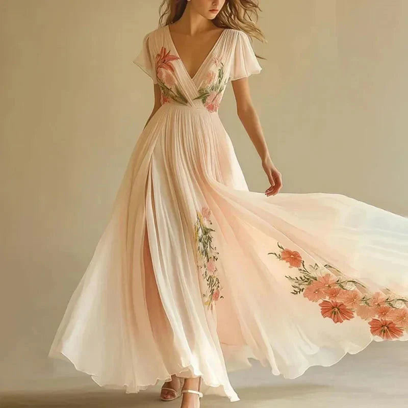 Pink Short Sleeve V-Neck Maxi Dress