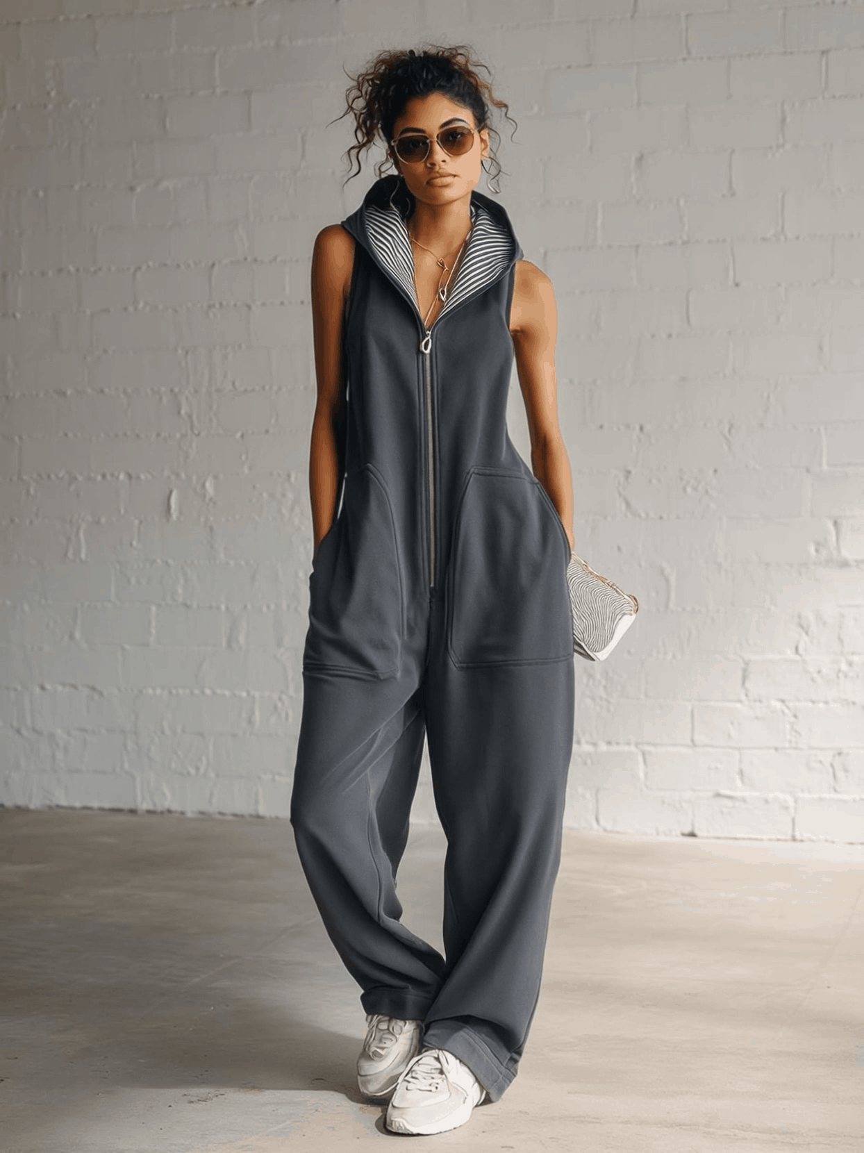 Vintage Nautical Sporty Hooded Sleeveless Front-zip Dark Gray Cotton Jumpsuit