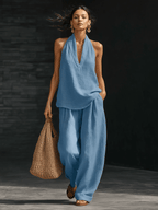 Casual Urban Style White Linen V-neck Sleeveless Top And Wide Leg Pants Set
