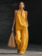 Casual Urban Style White Linen V-neck Sleeveless Top And Wide Leg Pants Set