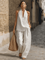 Casual Urban Style White Linen V-neck Sleeveless Top And Wide Leg Pants Set