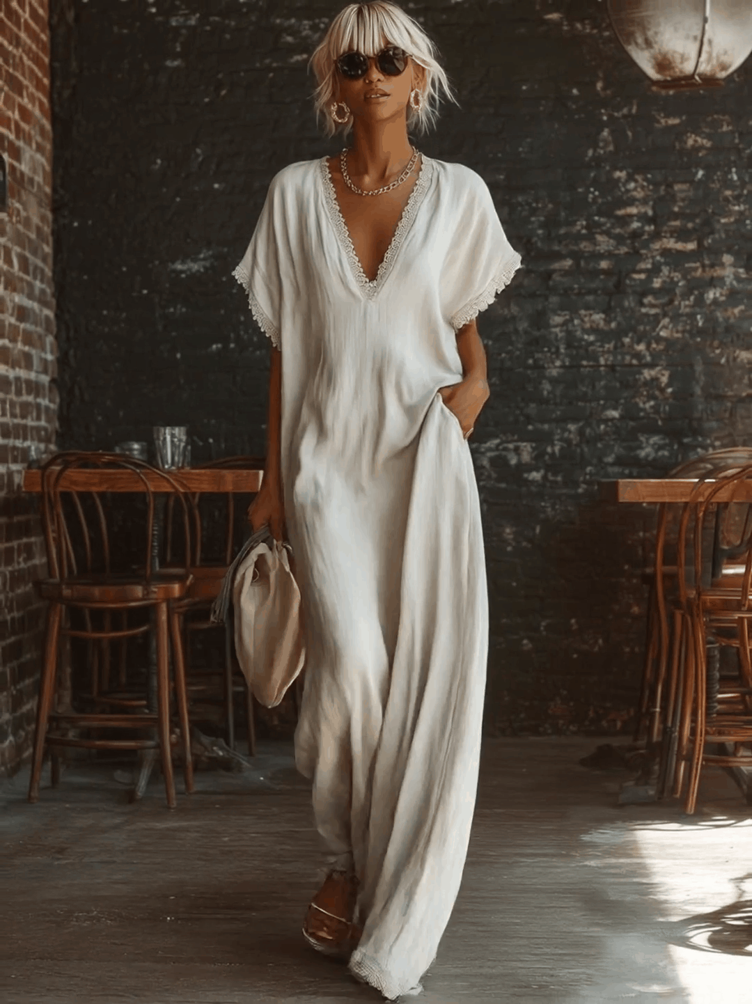 Casual Bohemian Urban V-neck Short-sleeved Lace Trim White Cotton Maxi Dress