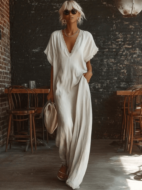 Casual Bohemian Urban V-neck Short-sleeved Lace Trim White Cotton Maxi Dress