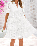 Women's V Neck Short Sleeve Hollow Out Lace Ruffle Summer Dresses