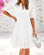Women's V Neck Short Sleeve Hollow Out Lace Ruffle Summer Dresses