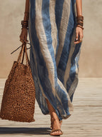 Blue Bohemian Striped V-neck Lace-trimmed Maxi Dress