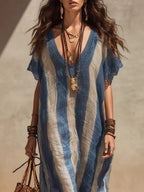 Blue Bohemian Striped V-neck Lace-trimmed Maxi Dress