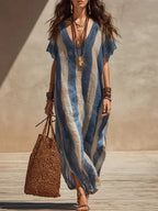 Blue Bohemian Striped V-neck Lace-trimmed Maxi Dress