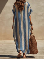 Blue Bohemian Striped V-neck Lace-trimmed Maxi Dress