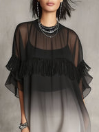 Black Ombre Sheer Fringe Detail Floaty Mini Dress