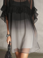 Black Ombre Sheer Fringe Detail Floaty Mini Dress