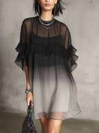 Black Ombre Sheer Fringe Detail Floaty Mini Dress