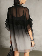 Black Ombre Sheer Fringe Detail Floaty Mini Dress