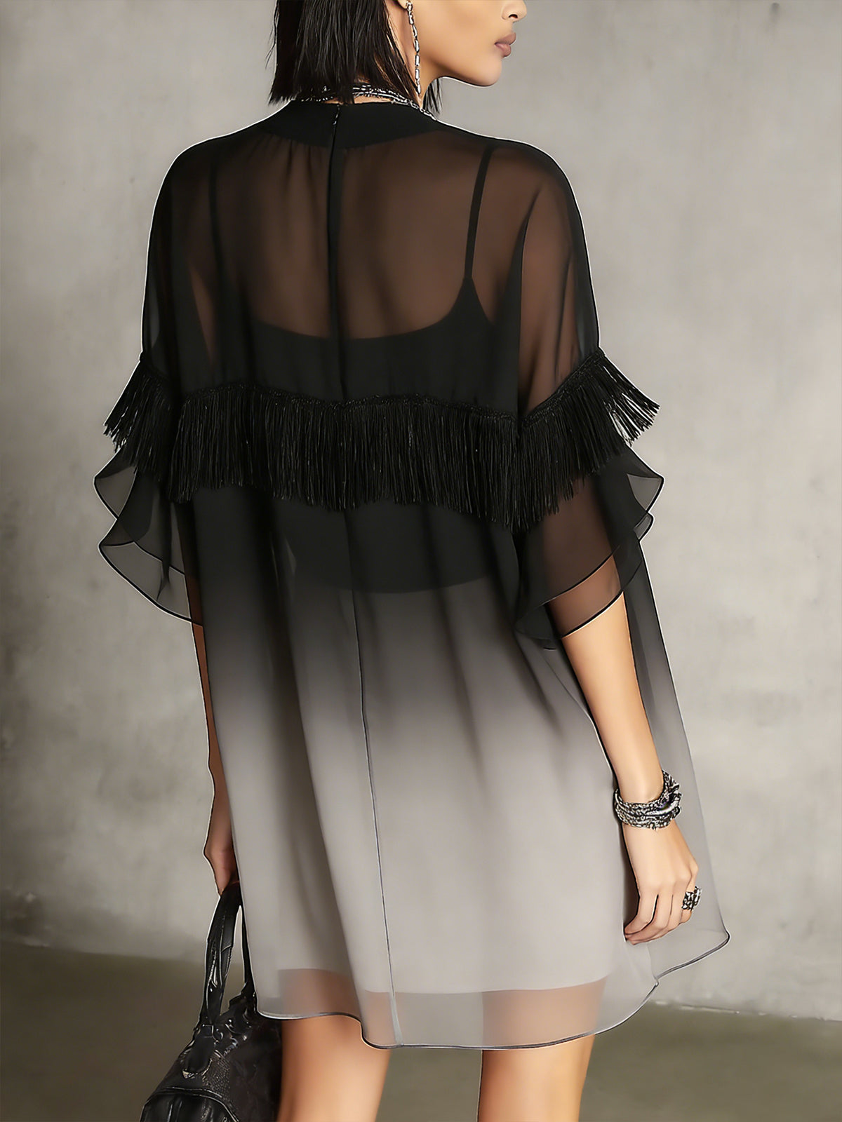Black Ombre Sheer Fringe Detail Floaty Mini Dress