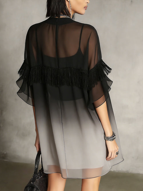 Black Ombre Sheer Fringe Detail Floaty Mini Dress