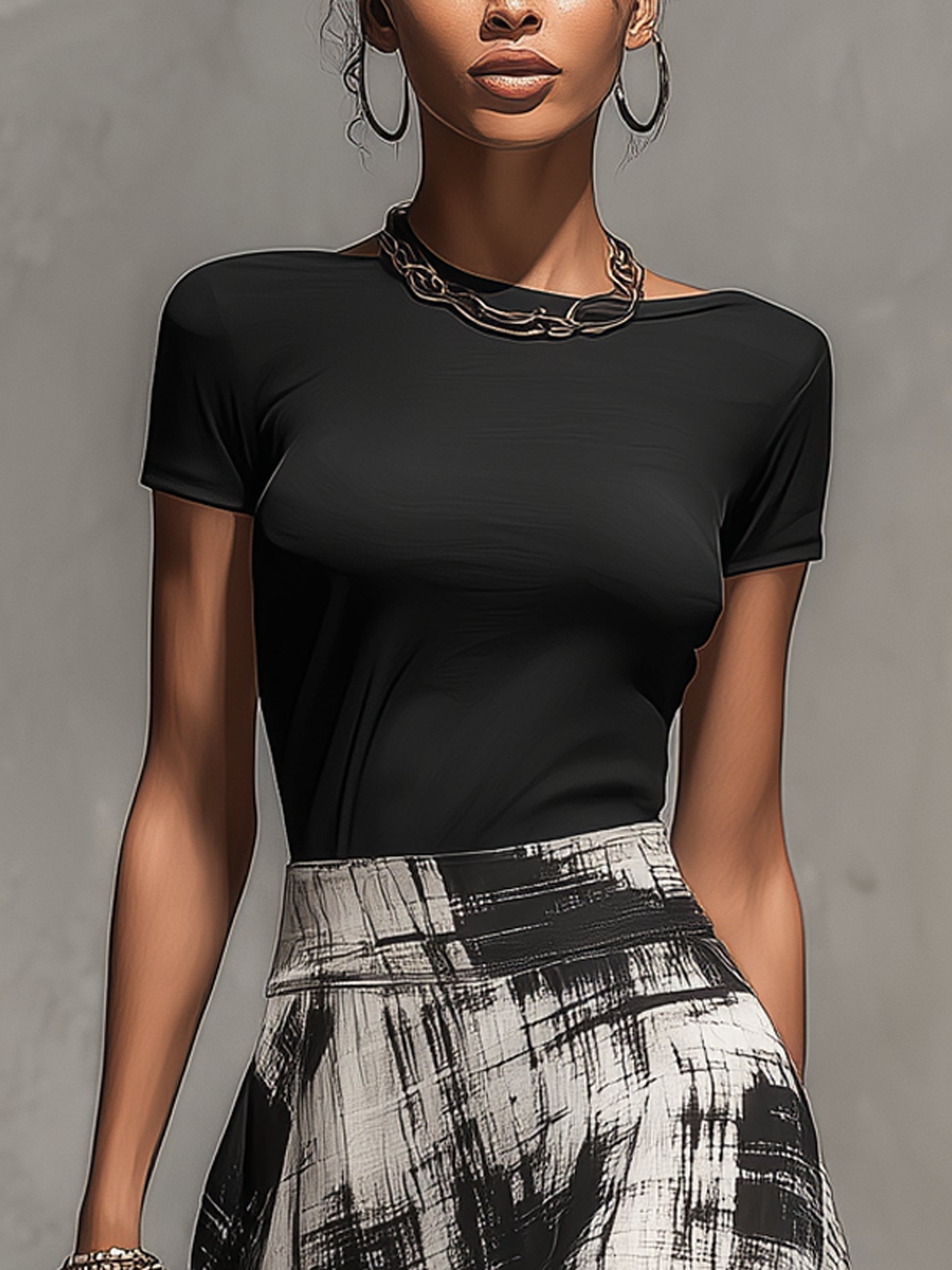 Black Chiffon Abstract Plaid Print Skirt And T-Shirt Set
