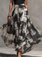 Black Chiffon Abstract Plaid Print Skirt And T-Shirt Set