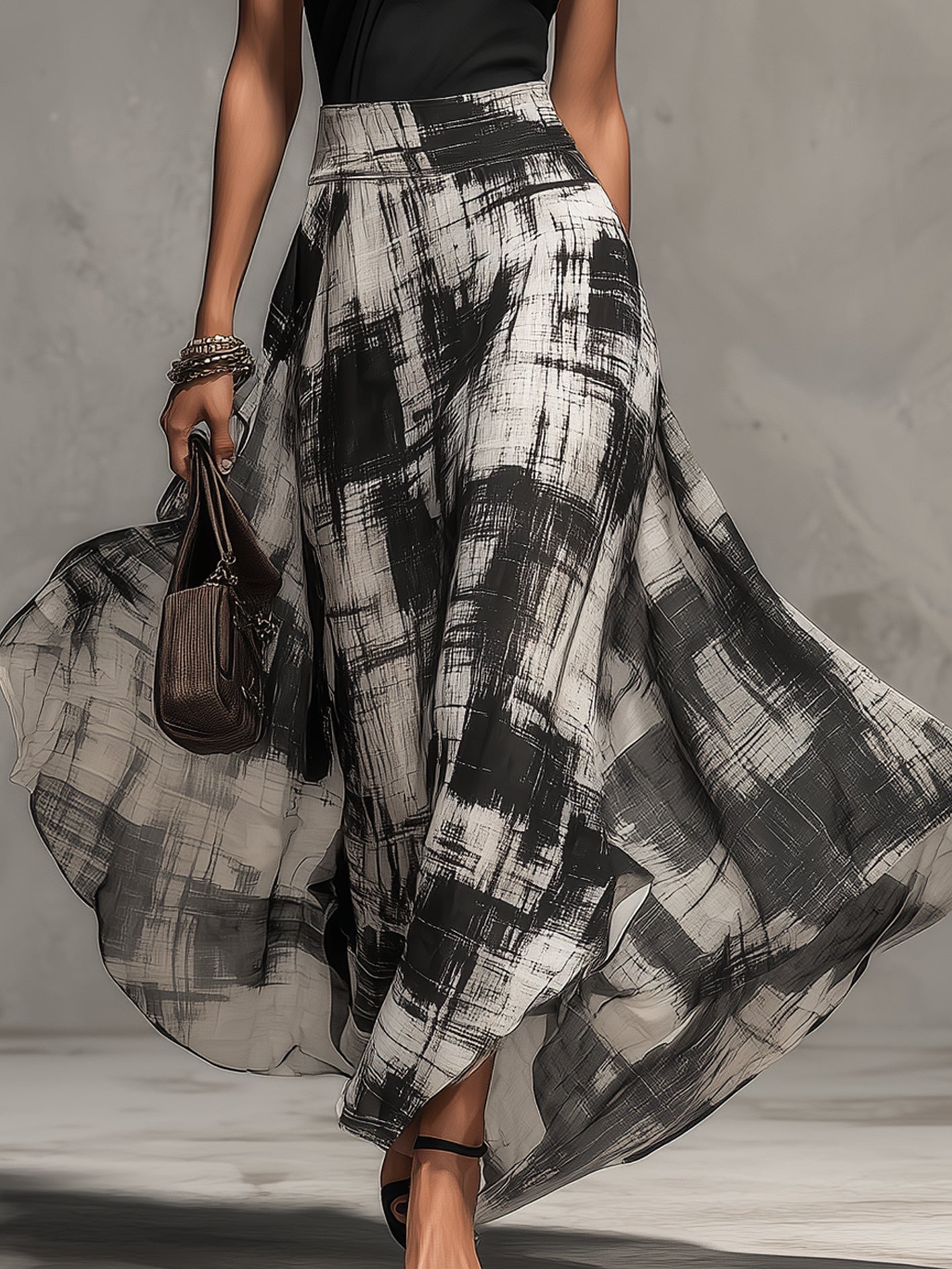 Black Chiffon Abstract Plaid Print Skirt And T-Shirt Set
