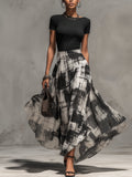 Black Chiffon Abstract Plaid Print Skirt And T-Shirt Set